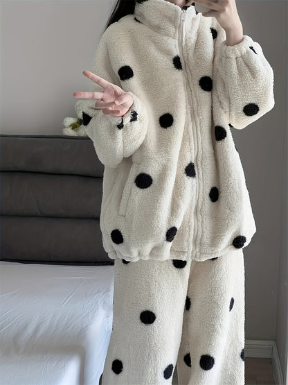 Pyjama Femme Doux Polaire Motif Pois Manches Longues Zip Intégral