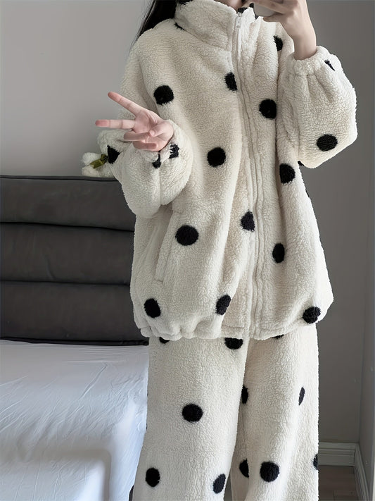 Pyjama Femme Doux Polaire Motif Pois Manches Longues Zip Intégral