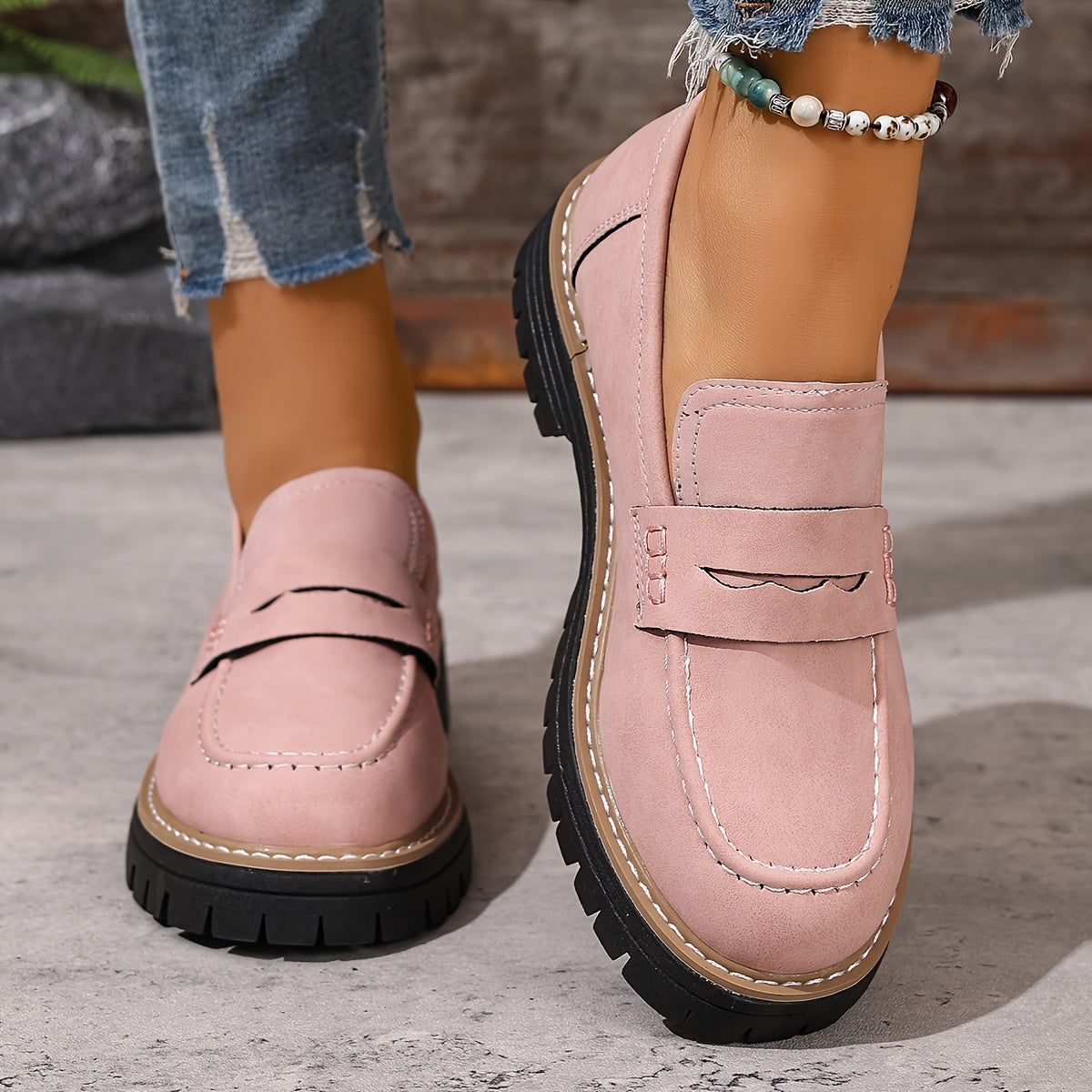 Afslappede damesko i penny loafer-stil med tyk sål