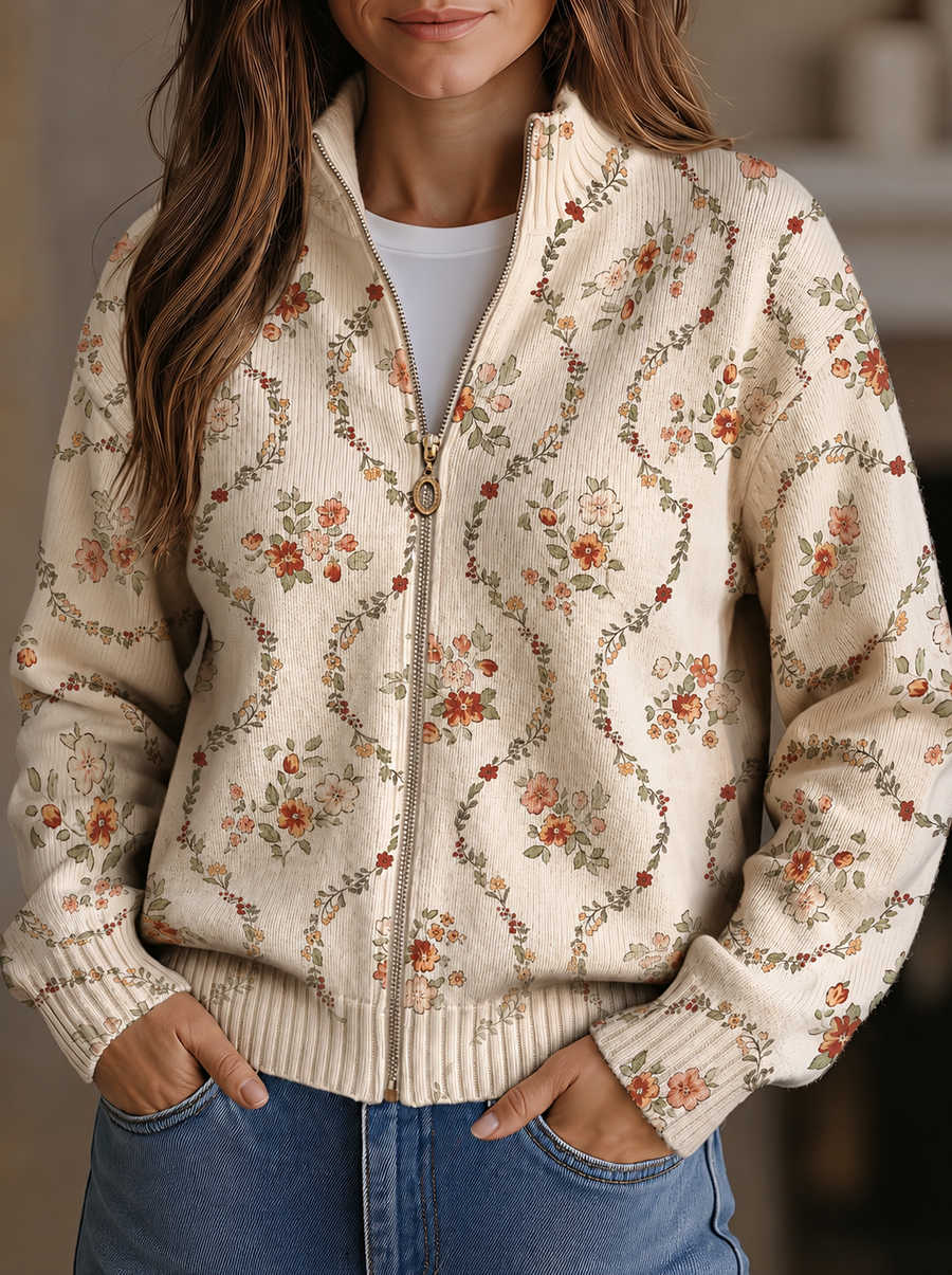 Women's Zip-Up Jacket with Stand Collar and Beige Floral Pattern