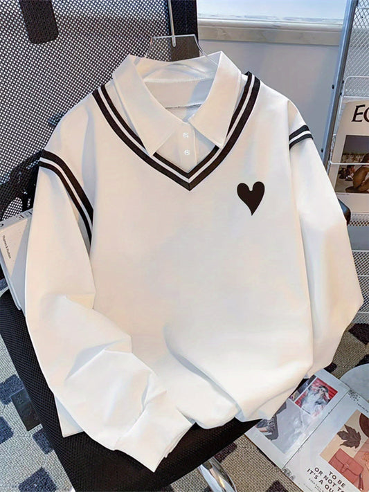 Pull col polo Blanc motif cœur Rayures V-neck manches longues style décontracté