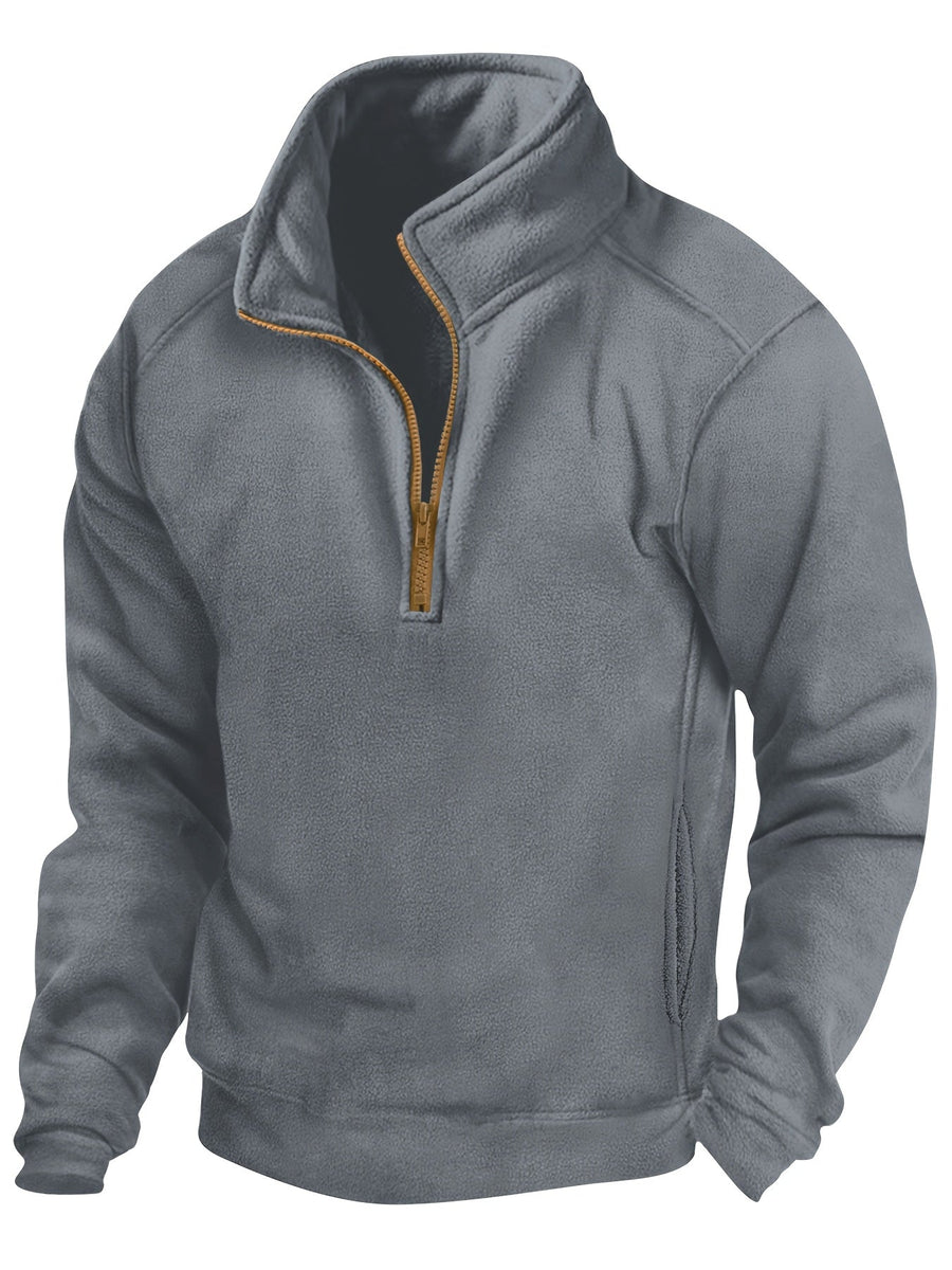 Herren-Fleece-Pullover mit halbem Reißverschluss, Stehkragen, langen Ärmeln und seitlichen Taschen