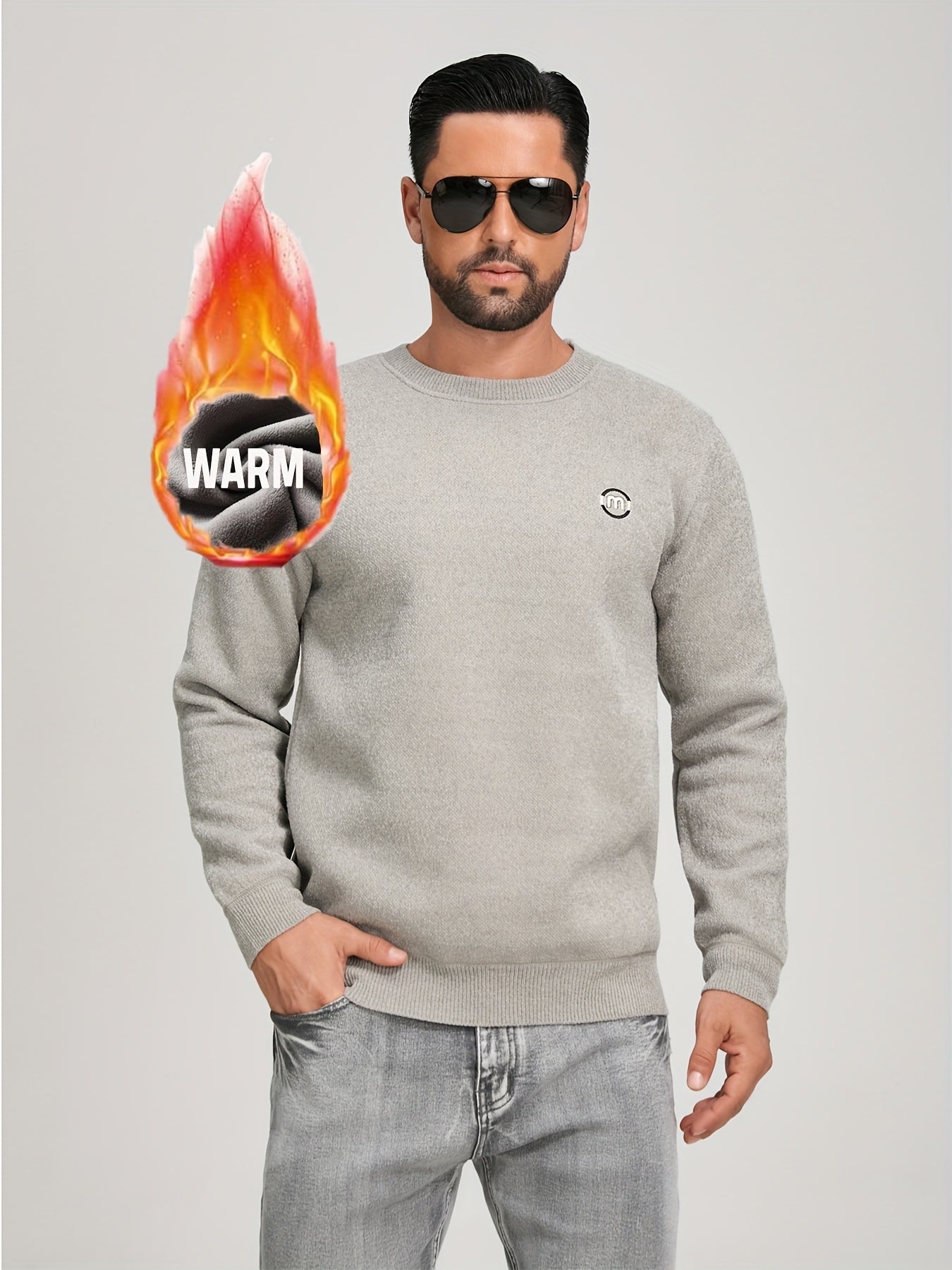 Sweat-shirt polaire homme à col rond, doublure chaude et côtelée, pull uni décontracté