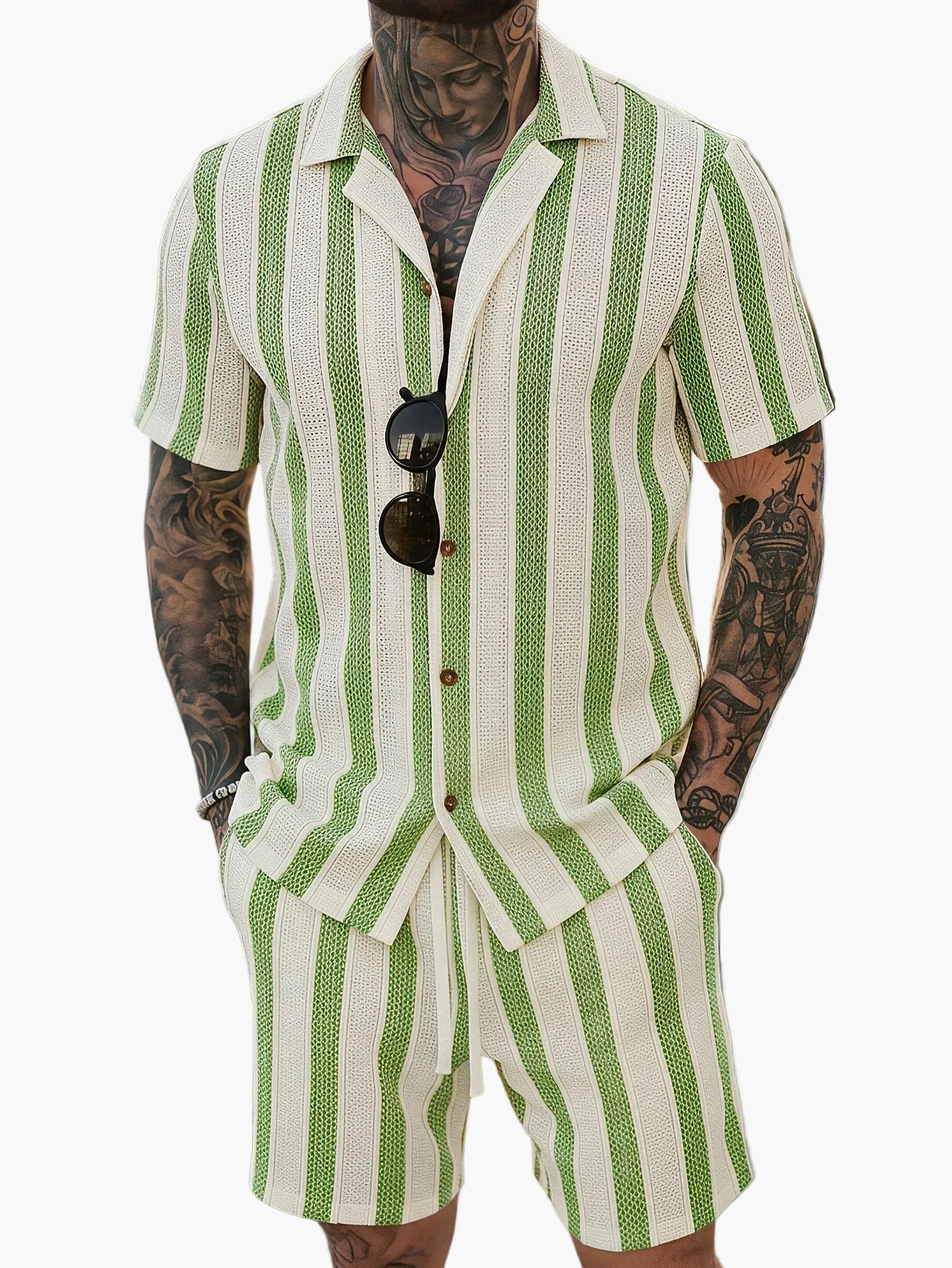 Ensemble décontracté pour homme – Chemise à manches courtes et short à rayures – Style estival tendance