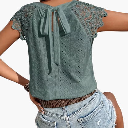 Damesblouse Boheemse Chic Stijl met Kantmouwen en Geknoopte Rug – Casual Zomermode