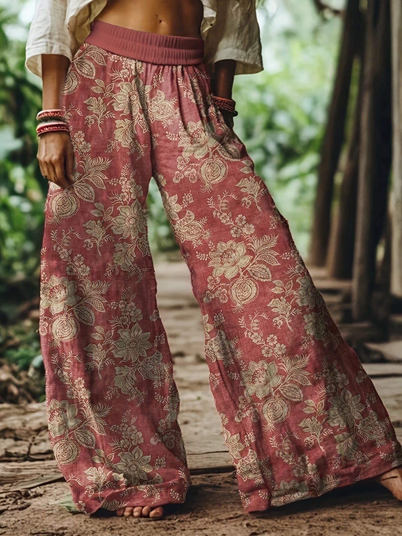Pantalon large femme style bohème imprimé floral pour look décontracté et week-end