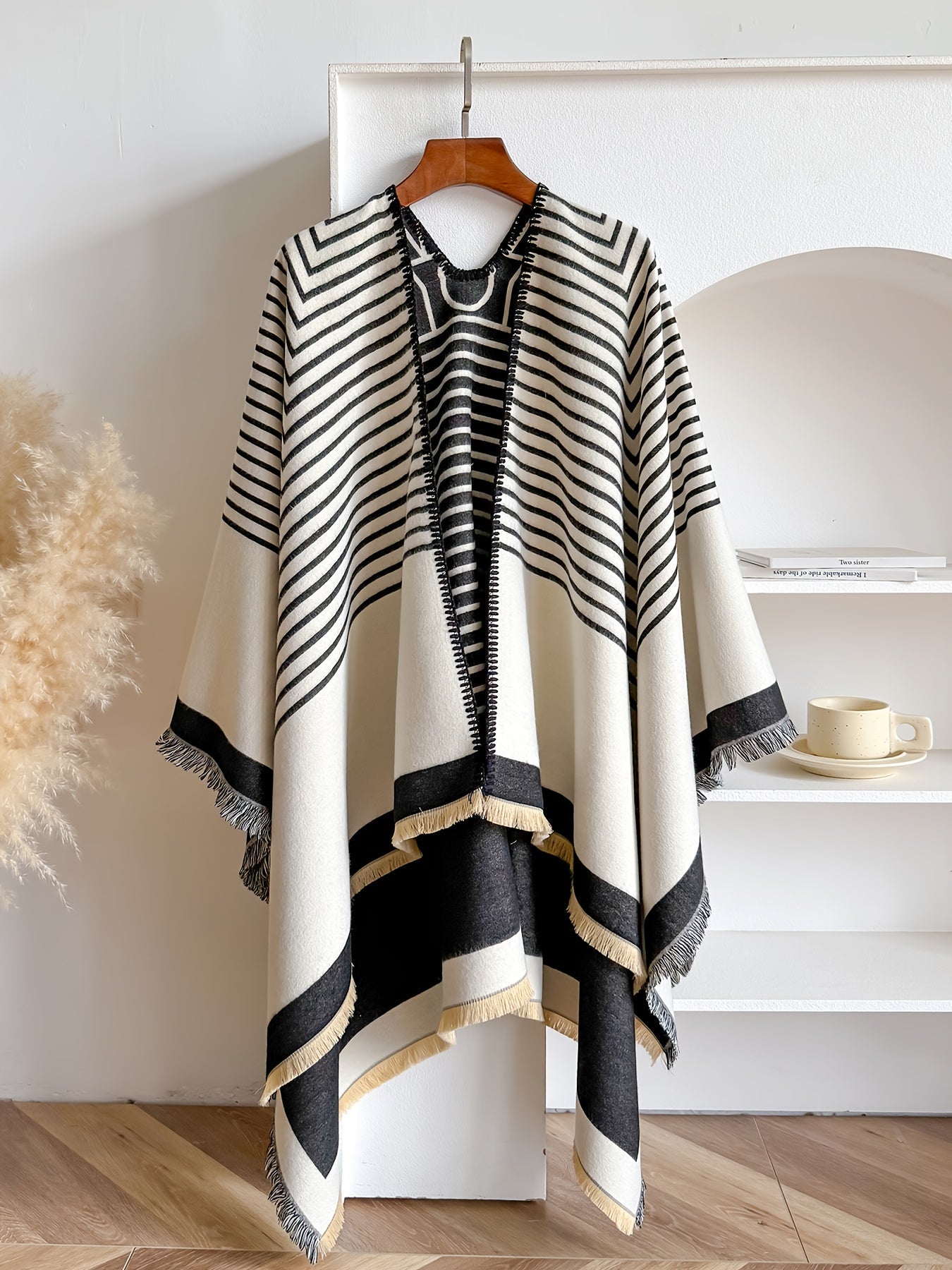 Women's Striped Fringe Trim Open Front Wrap Poncho Cape