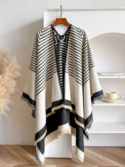 Women's Striped Fringe Trim Open Front Wrap Poncho Cape
