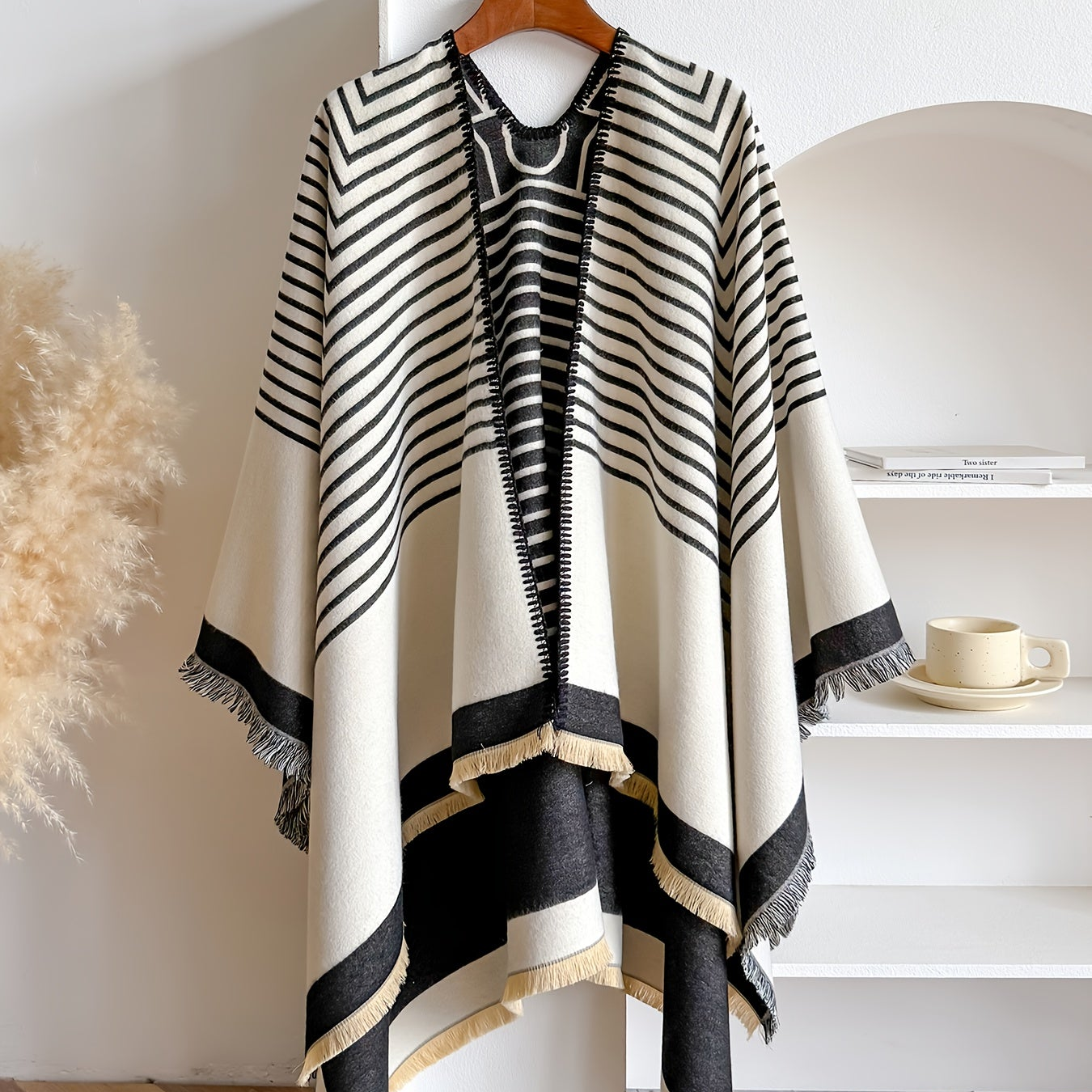 Women's Striped Fringe Trim Open Front Wrap Poncho Cape