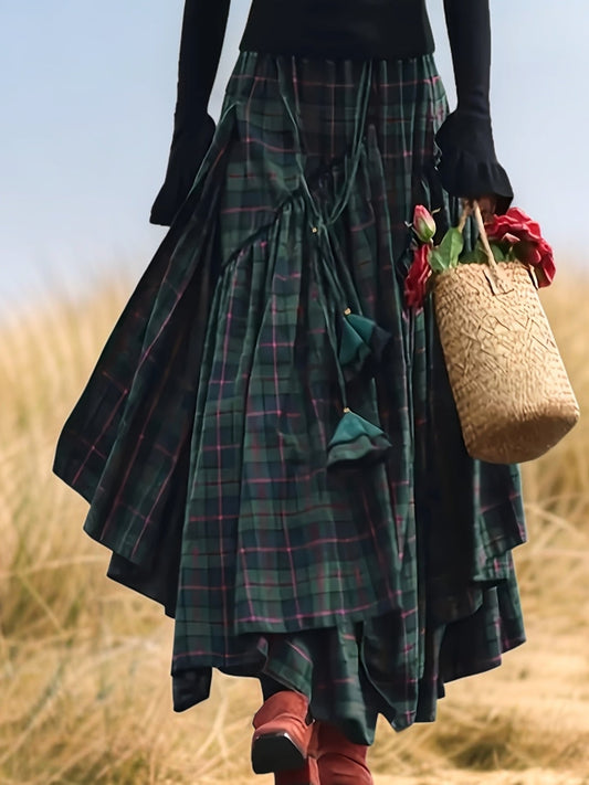 Jupe longue asymétrique à carreaux avec pompons Vert et rose