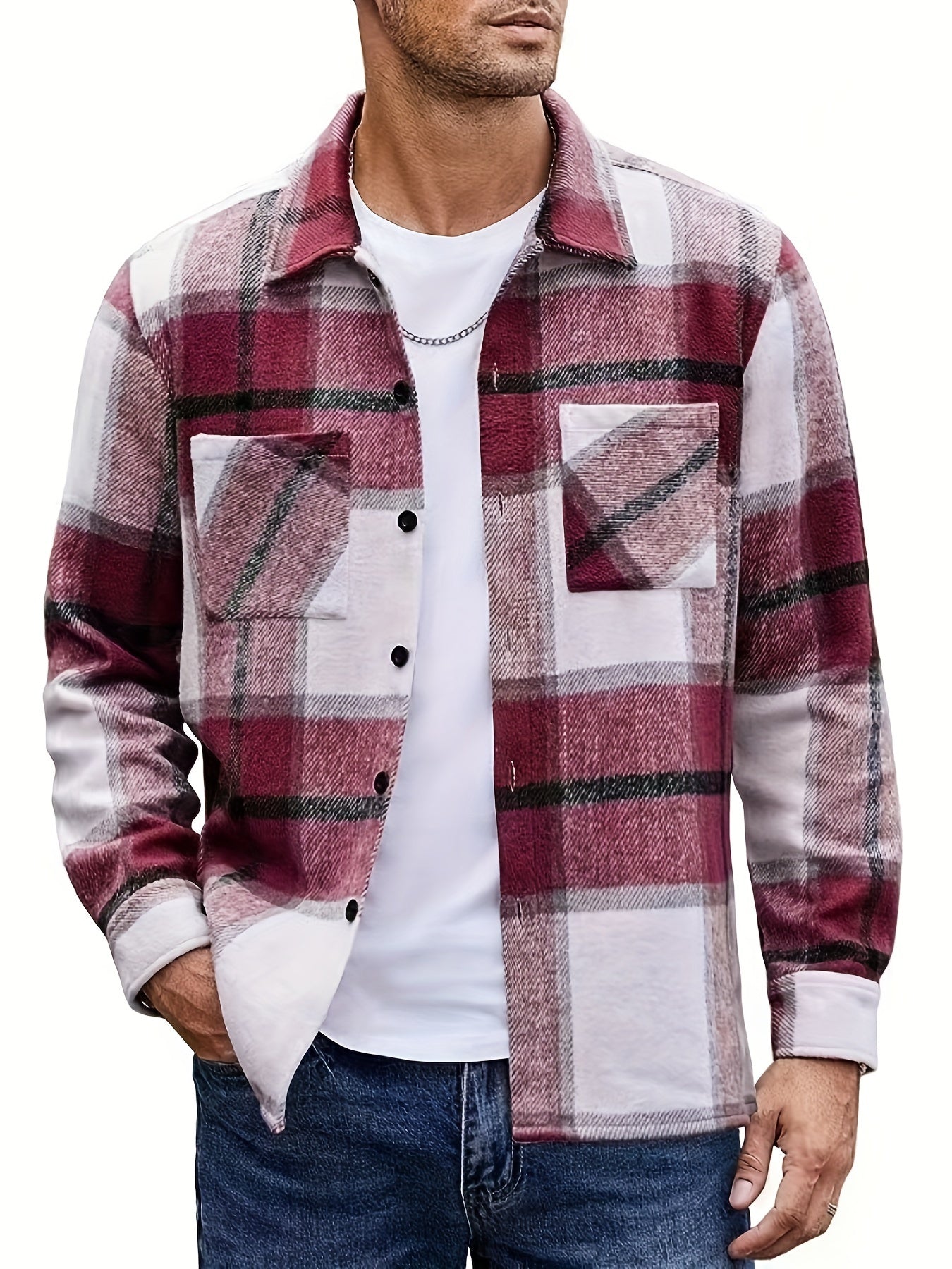 Chemise à carreaux homme coupe décontractée avec poches boutonnées marron clair et blanc