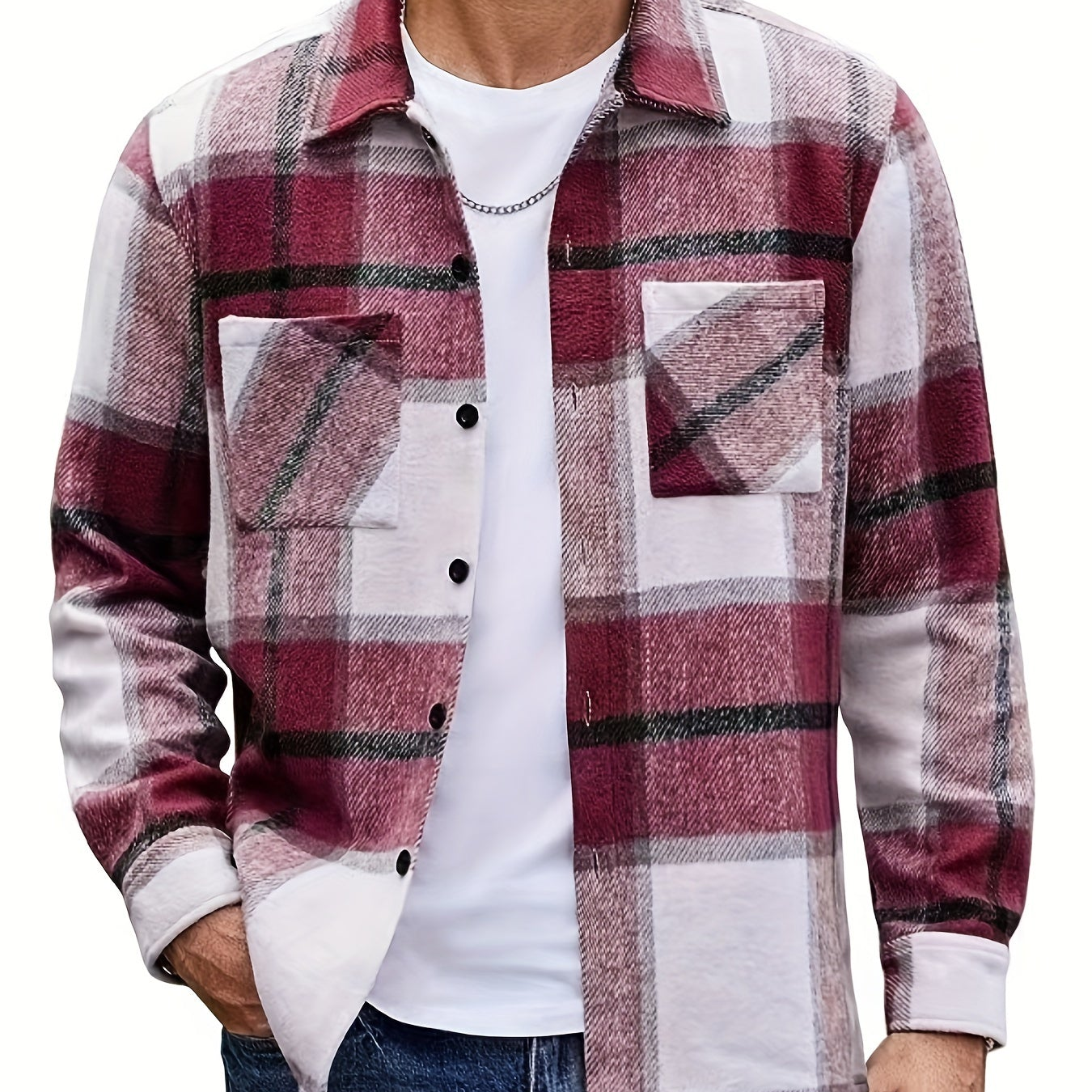 Chemise à carreaux homme coupe décontractée avec poches boutonnées marron clair et blanc