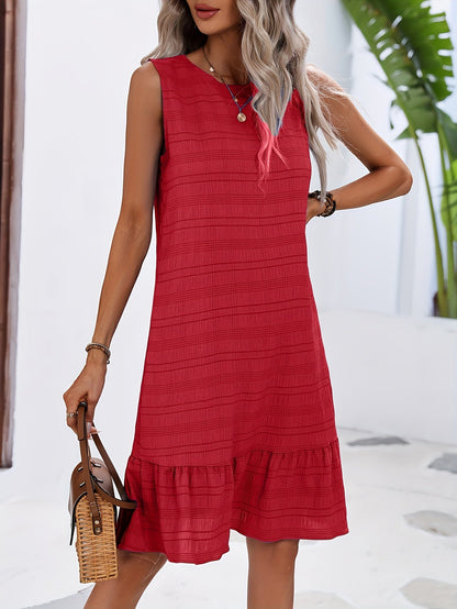 Abito casual donna stile vacanze con volant, senza maniche, collo tondo
