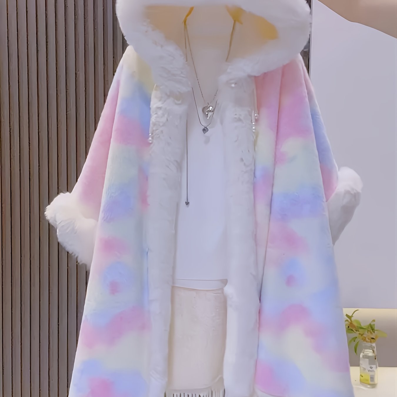 Cape à capuche arc-en-ciel en fausse fourrure douce avec franges et bordure pelucheuse