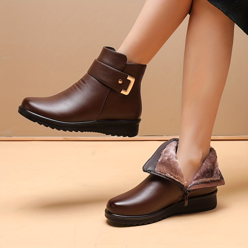 Bottines Femme doublées Chaudes Marron avec Sangle et Boucle Dorée