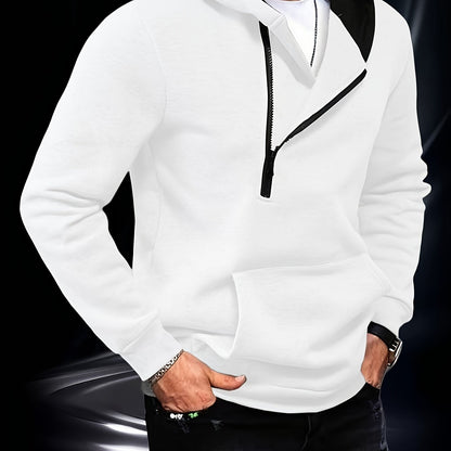 Sweat à Capuche Homme Zippé Asymétrique Couleur Unie avec Poche Kangourou