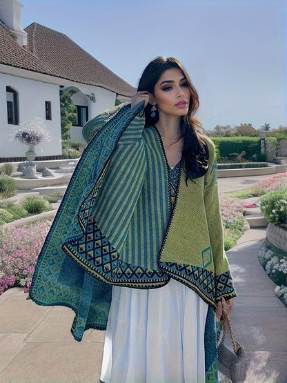 Cape Poncho Femme Réversible Vert Motif Géométrique Rayé Grande Taille