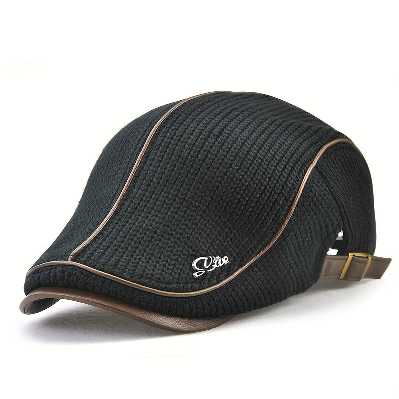 Casquette béret plate tricotée homme avec bordure effet cuir