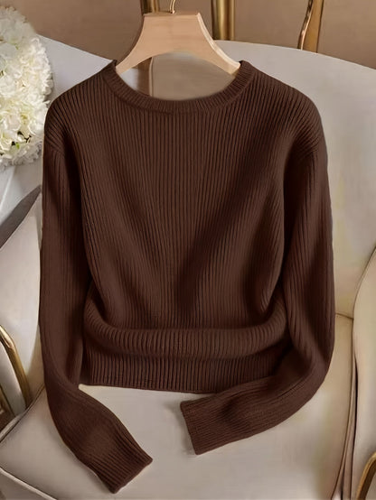 Pull femme marron côtelé col rond manches longues à boutons dorés