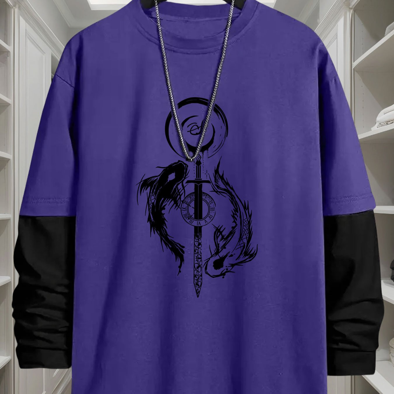 T-shirt Homme Manches Longues Bicolore Imprimé Dragon Épée