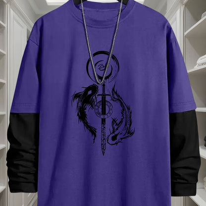 T-shirt Homme Manches Longues Bicolore Imprimé Dragon Épée