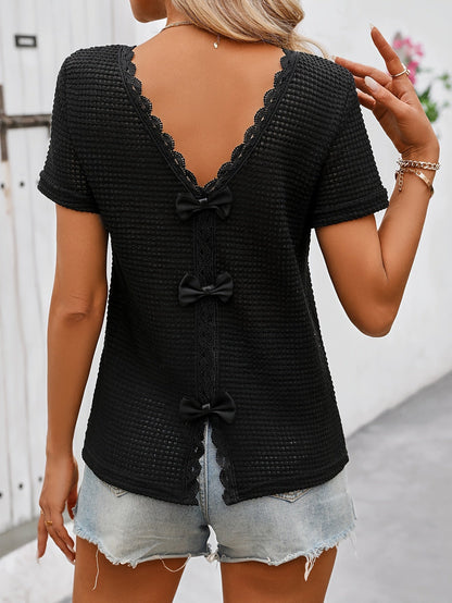 Top Femme Décontracté Dos Nu avec Nœuds et Dentelle Style Romantique