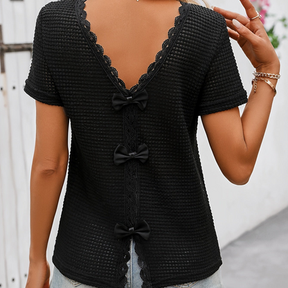 Top Femme Décontracté Dos Nu avec Nœuds et Dentelle Style Romantique