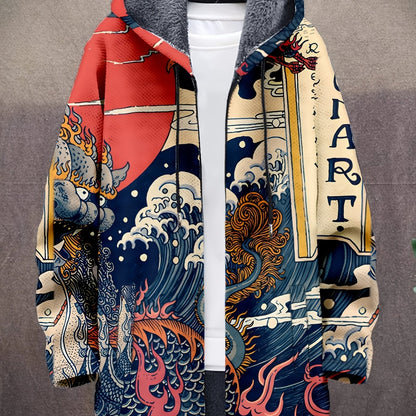Manteau à capuche doublé en polaire imprimé fantaisie pour homme, fermeture éclair, motif vagues ou animaux