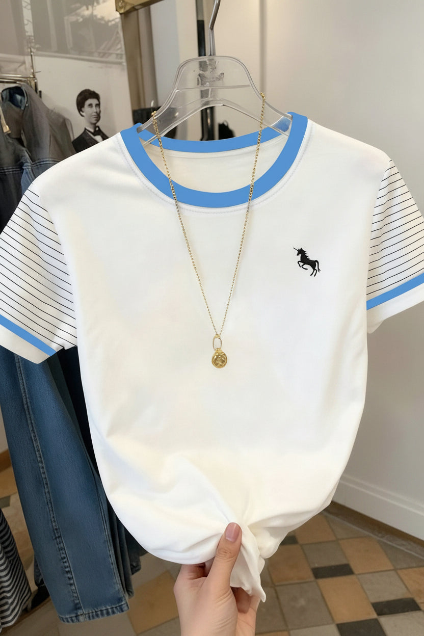 Dames T-shirt met eenhoornprint, moderne stijl, contrasterende kraag, gestreepte mouw