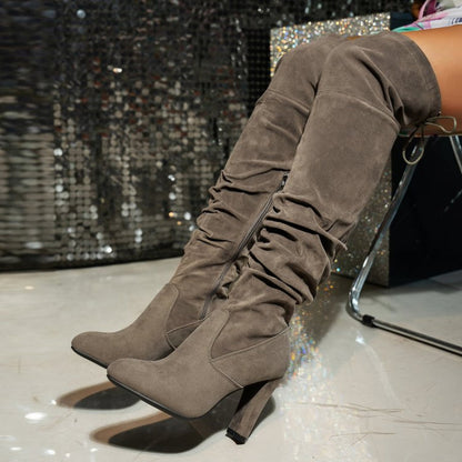 Bottes hautes femme à talon épais, bout pointu, hauteur genou, couleur unie