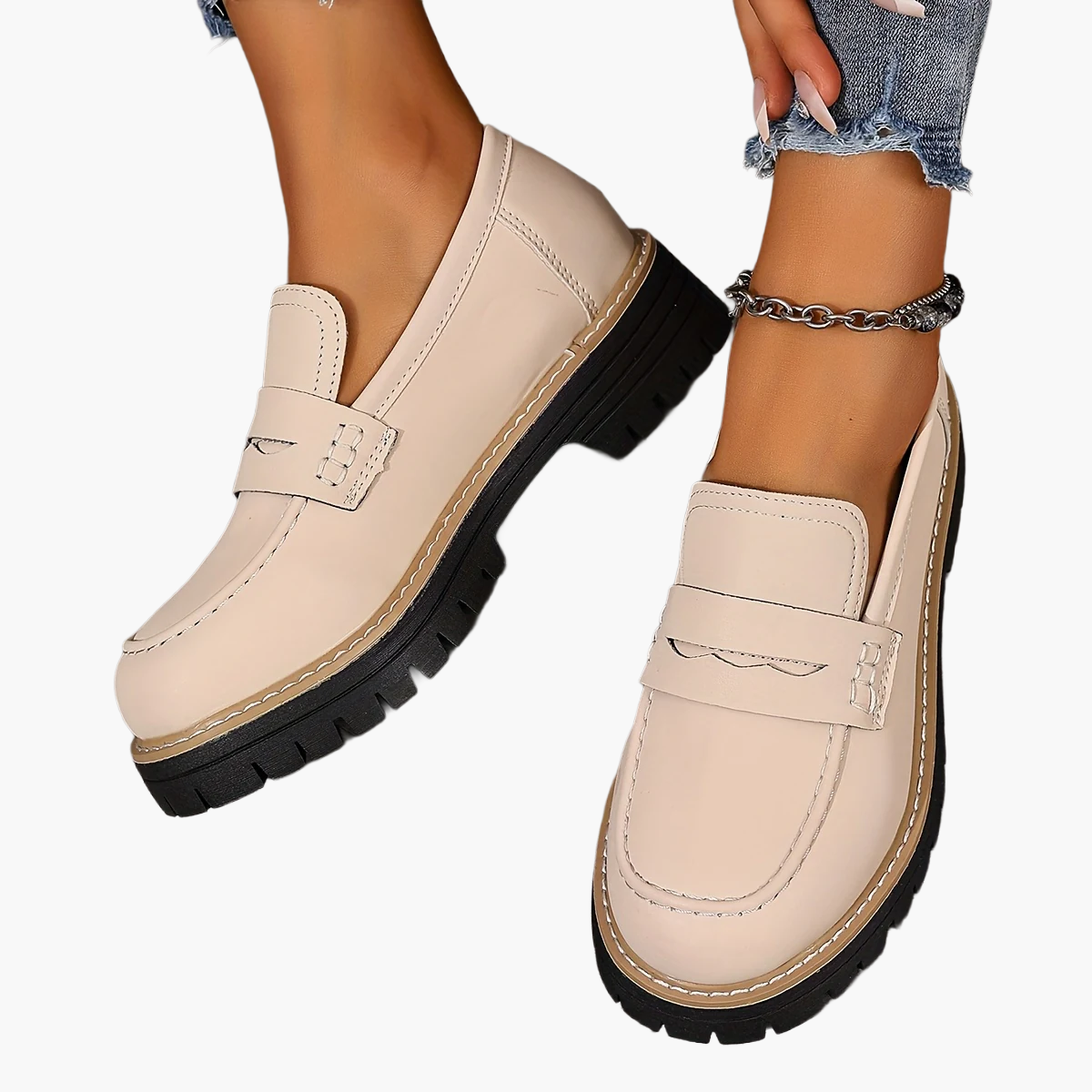 Afslappede damesko i penny loafer-stil med tyk sål