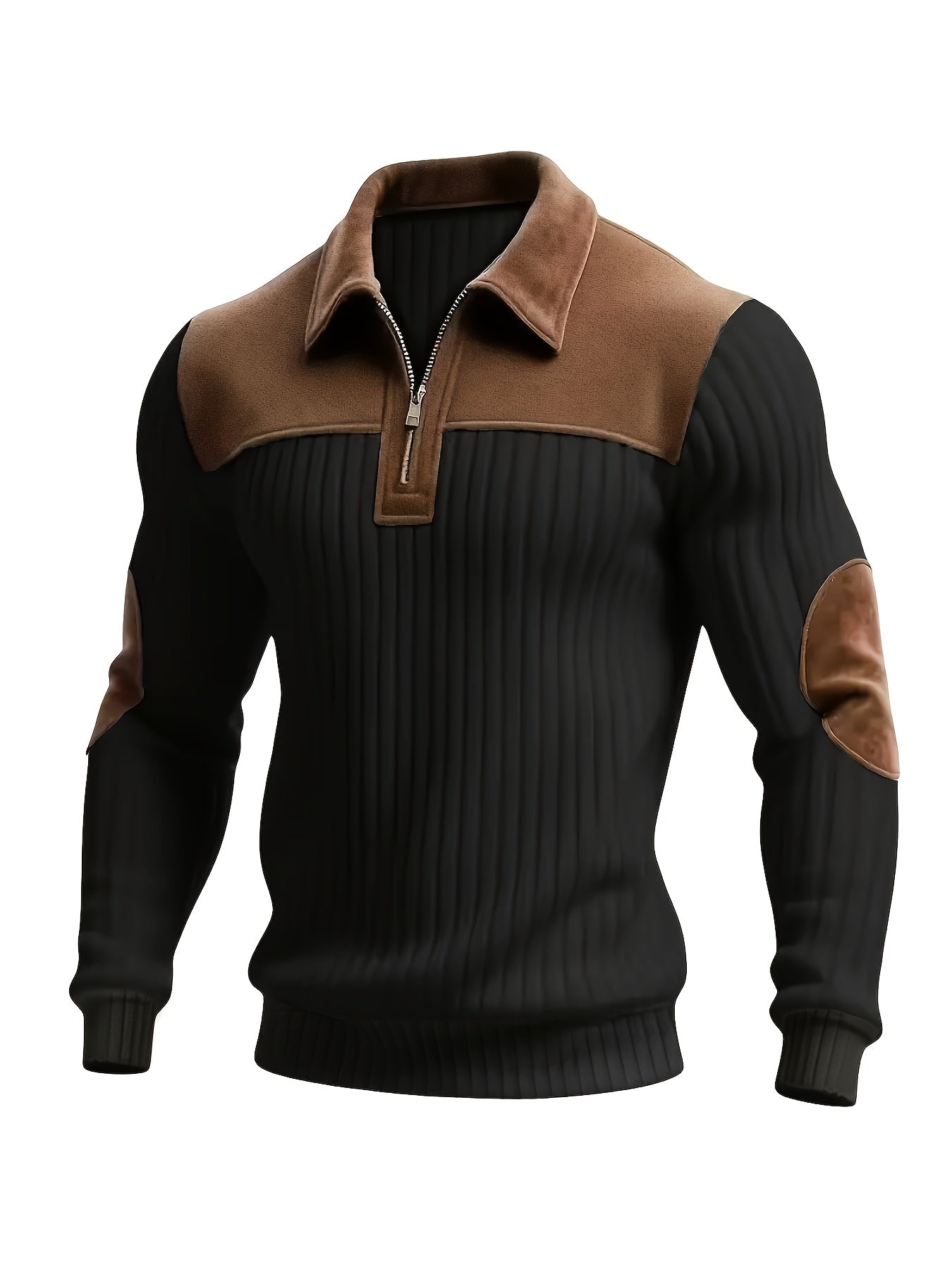 Pull homme côtelé col polo zippé empiècements contrastants coudes et épaules