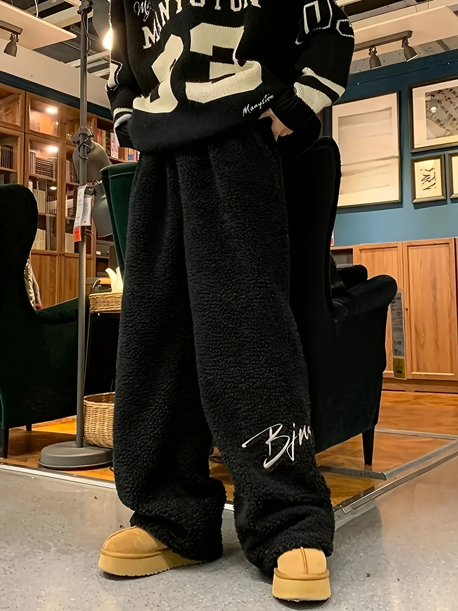 Pantalon large doux en tissu pelucheux avec broderie