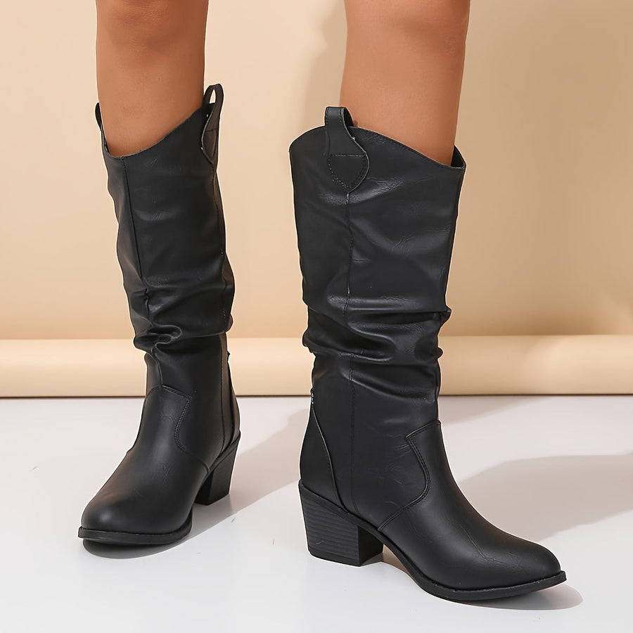 Light brown slouchy distressed-effect boots with block heel