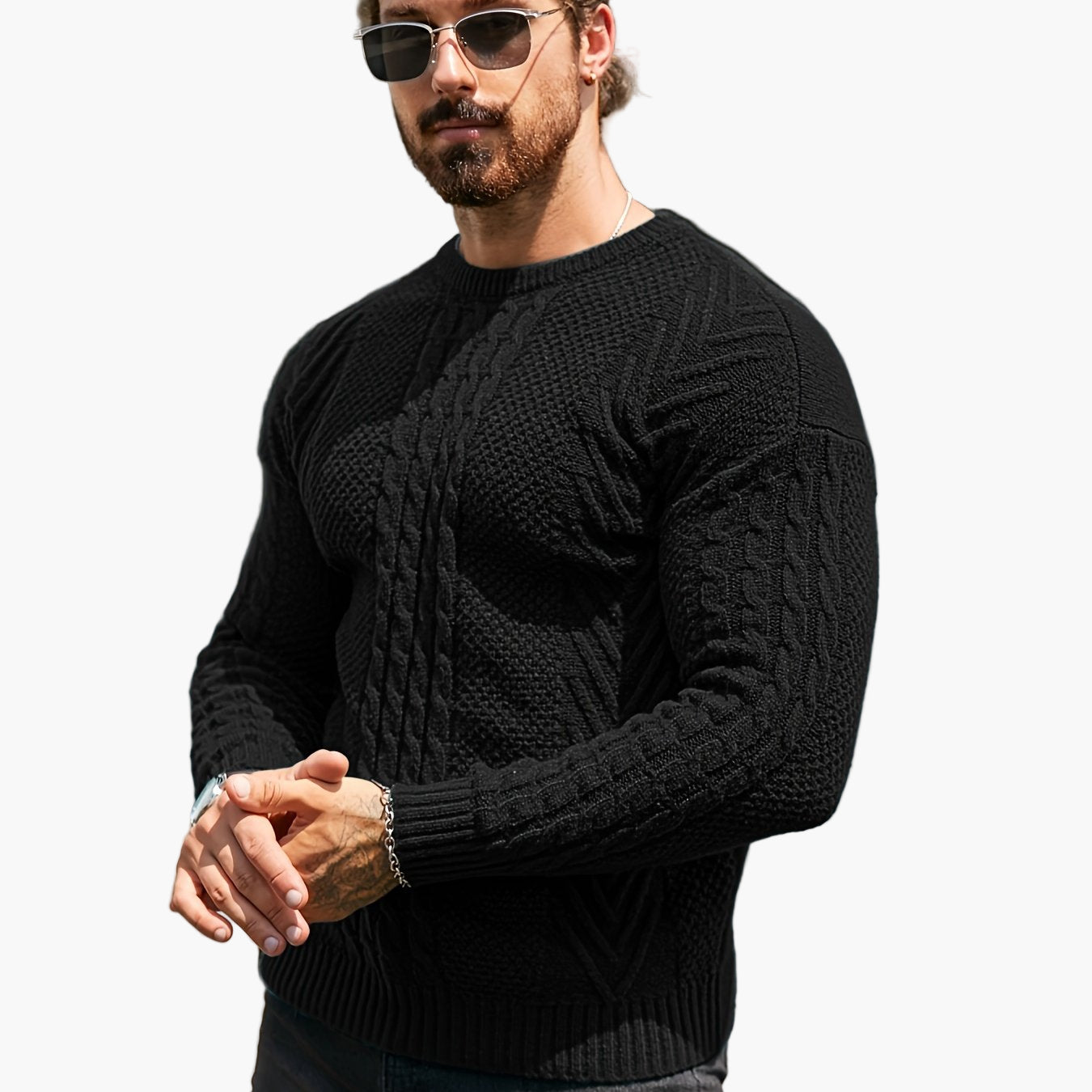 Jersey de punto trenzado para hombre estilo urbano casual – Mangas largas, elegante otoño/invierno