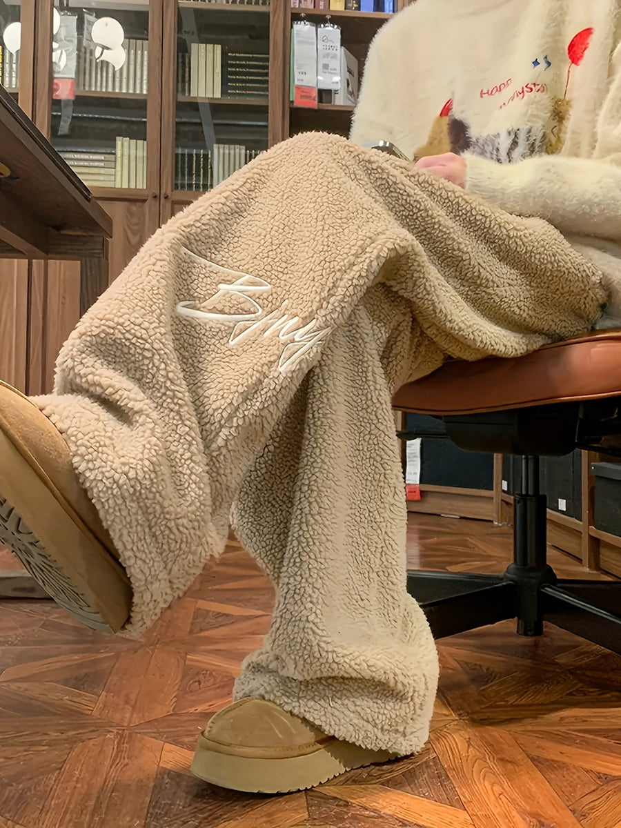 Pantalon large doux en tissu pelucheux avec broderie
