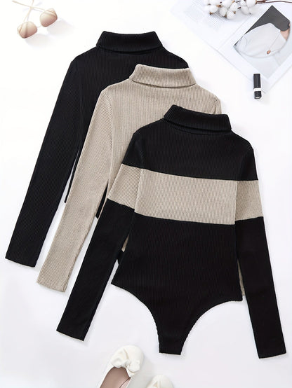Body côtelé femme col roulé manches longues noir beige