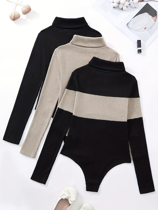 Body côtelé femme col roulé manches longues noir beige