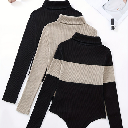 Body côtelé femme col roulé manches longues noir beige