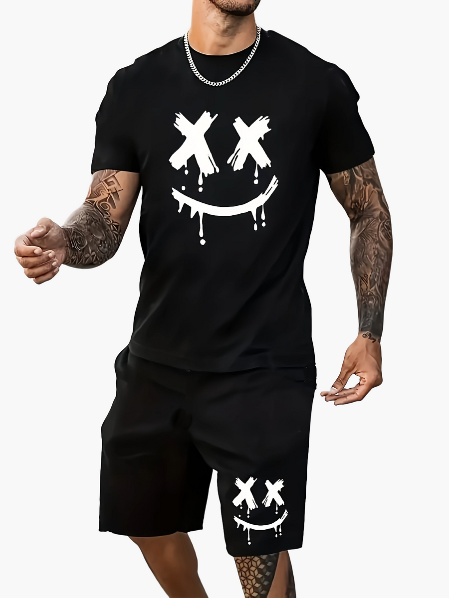 Ensemble décontracté pour homme - T-shirt et short style urbain motif visage smiley graphique
