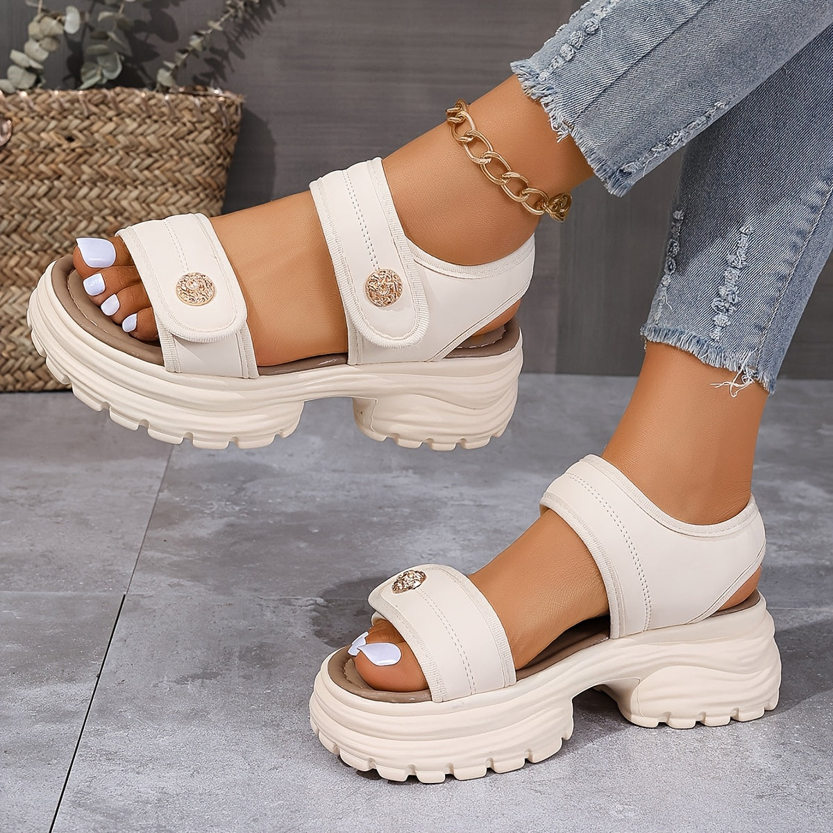 Sandales compensées élégantes pour femme à scratch – Style urbain décontracté