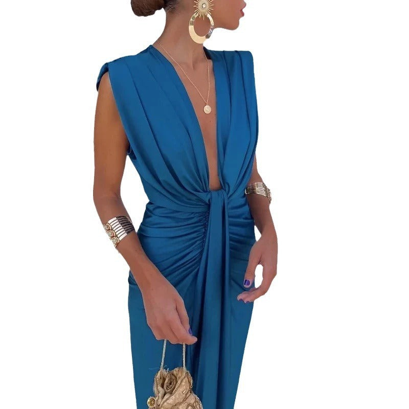 Robe de soirée élégante pour femme à décolleté profond et taille haute, style glamour