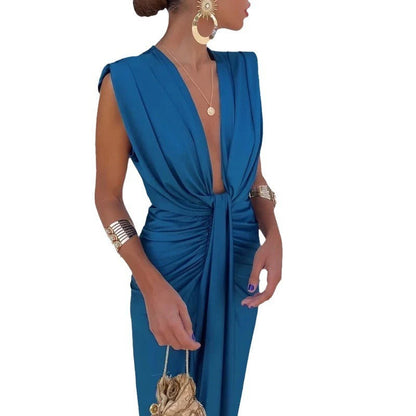 Robe de soirée élégante pour femme à décolleté profond et taille haute, style glamour