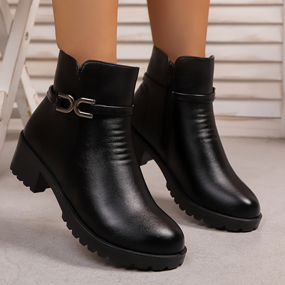 Bottines Femme à Boucle Métallique et Fermeture Éclair Latérale Semelle Crantée