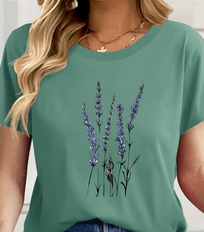 Dames T-shirt Casual Stijl met Wildbloemenpatroon Botanische Illustratie