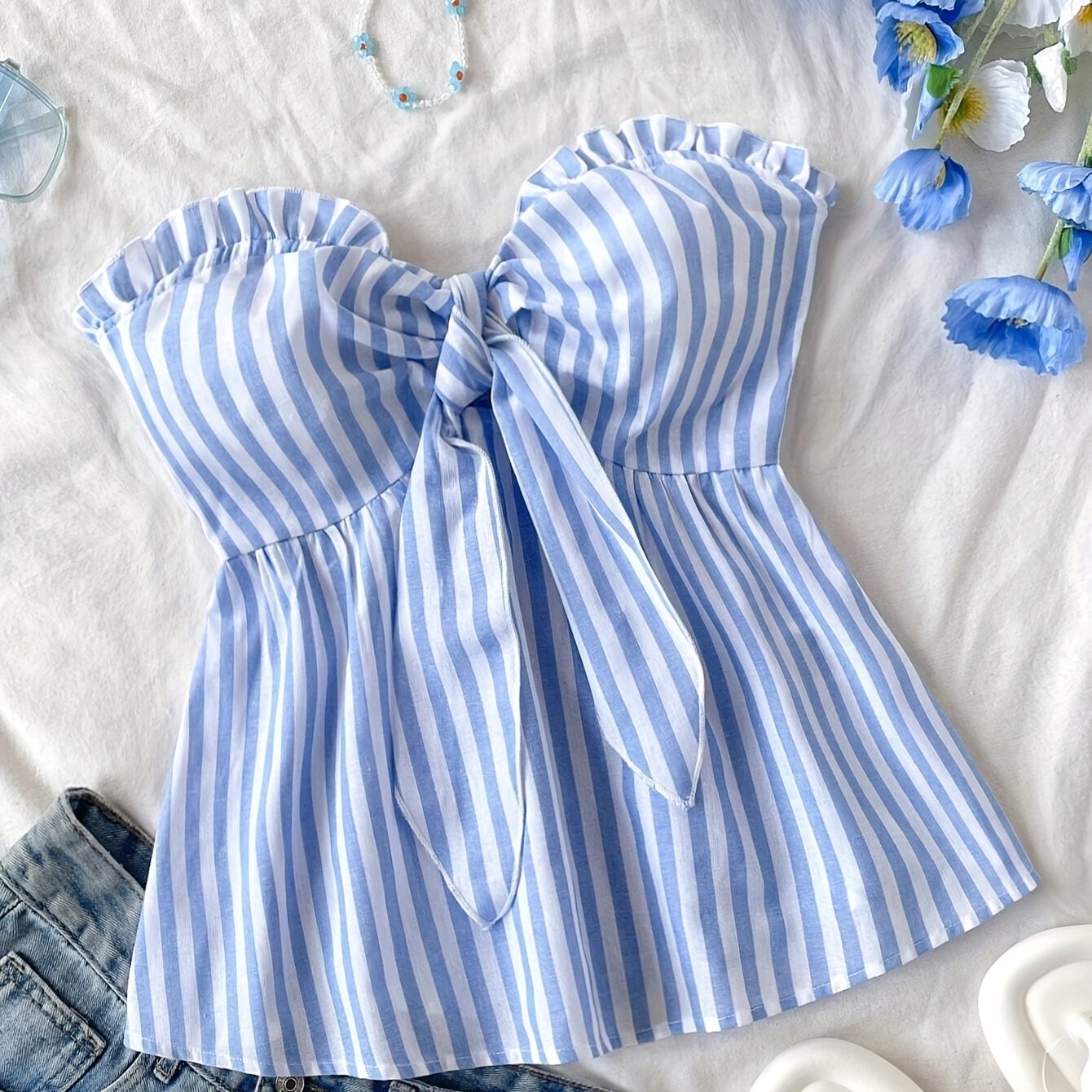 Striped tied-front bustier top casual style for women