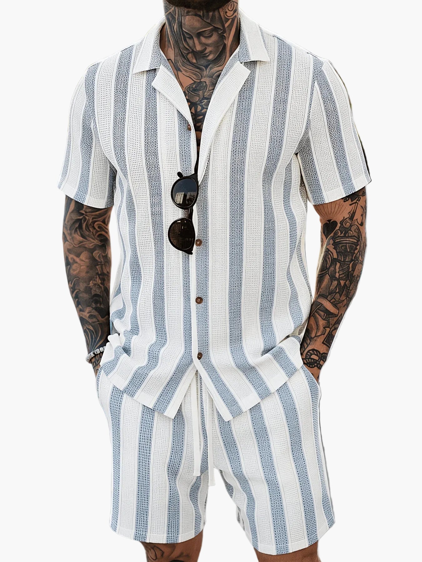 Ensemble décontracté pour homme – Chemise à manches courtes et short à rayures – Style estival tendance