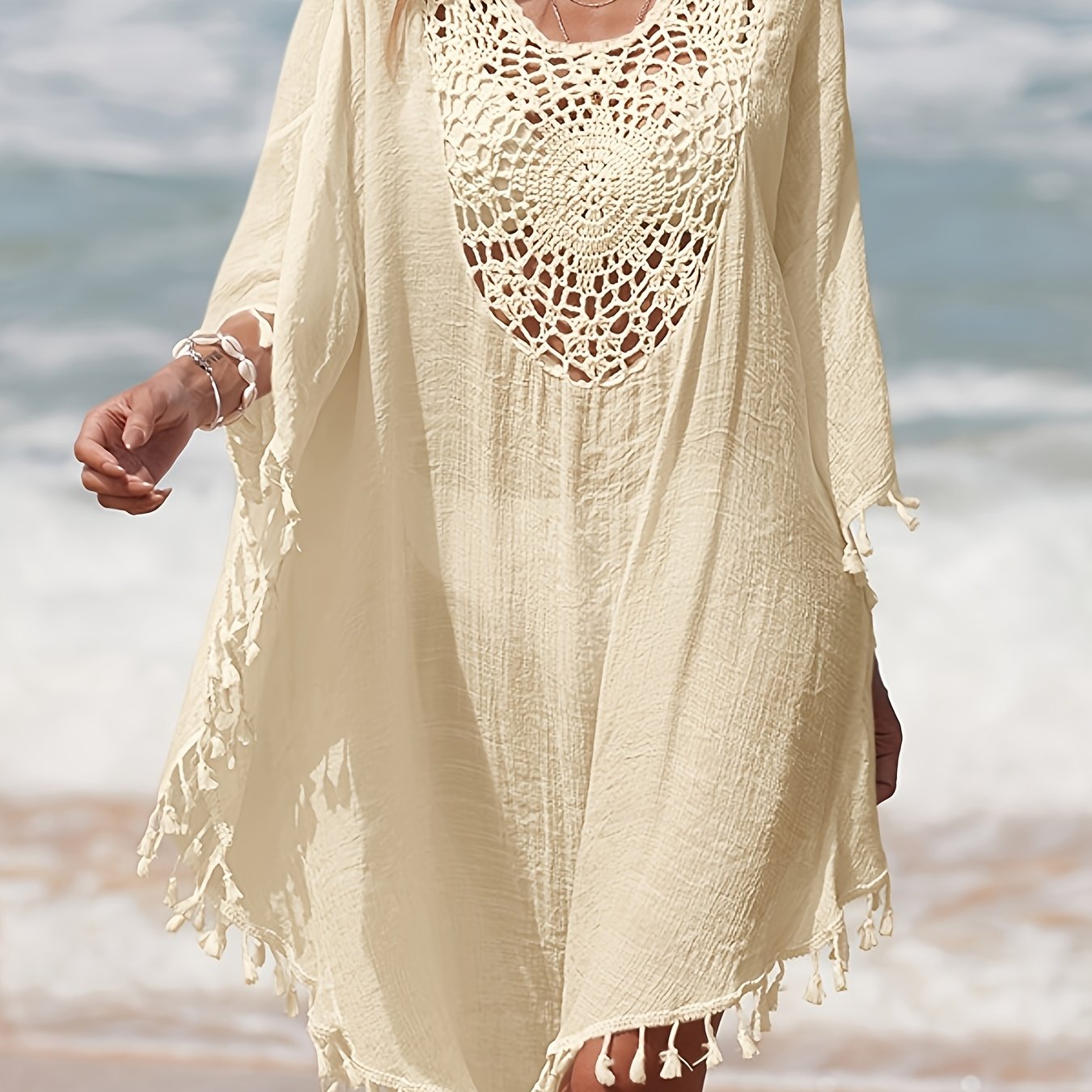 Tunique de plage femme style poncho bohème chic avec crochet et franges - idéal par-dessus maillot