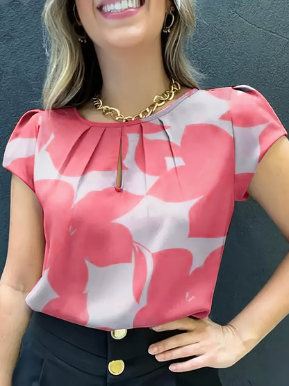 Elegant blus för kvinnor med abstrakt mönster, korta ärmar, chic stil för kontoret och utflykter