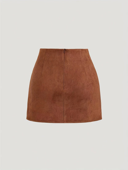 Mini-jupe plissée femme effet suédine marron foncé, camel et noir